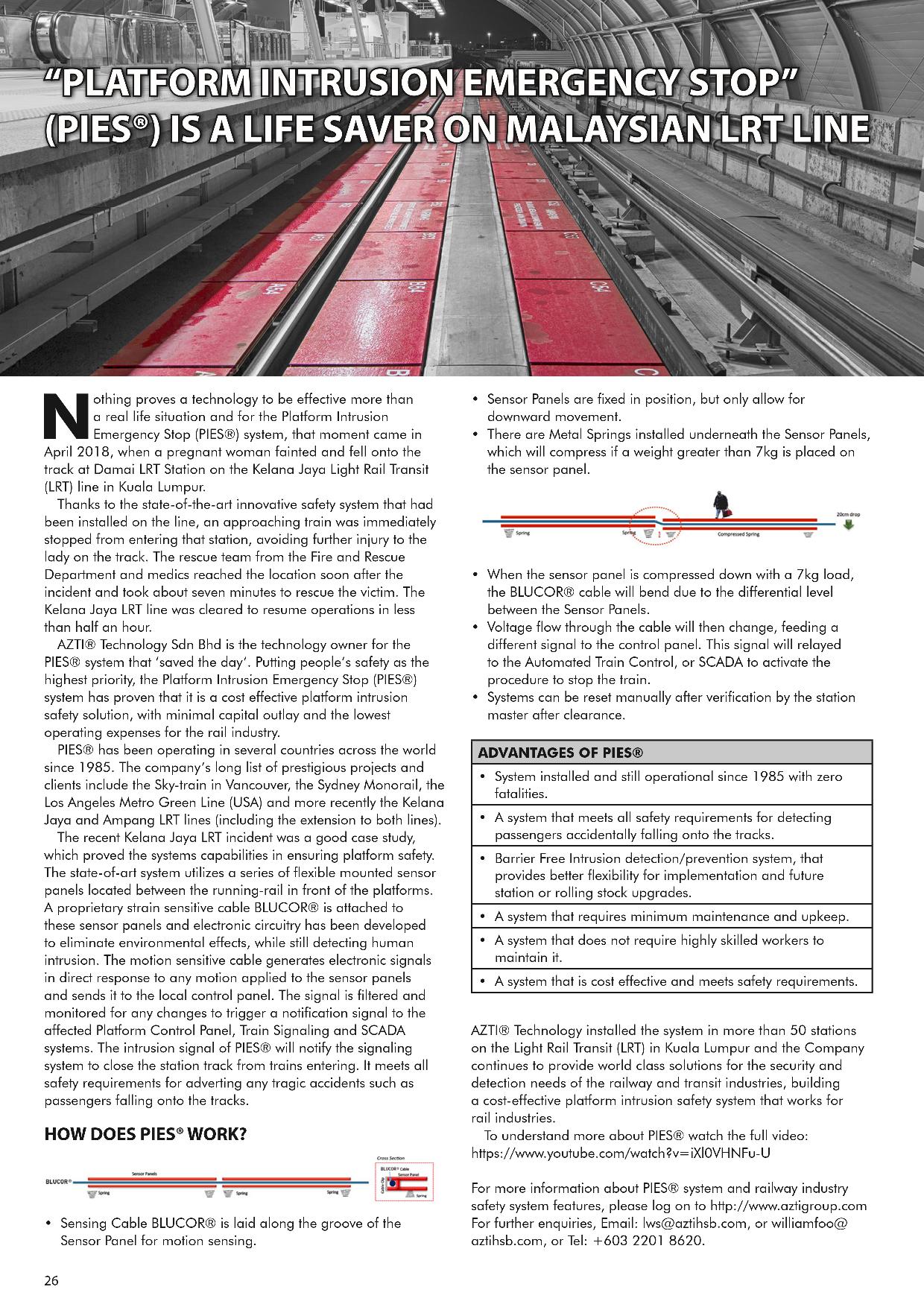 The ASIAN Railway Magazine, June 2019 – “Platform Intrusion Emergency Stop”(PIES®) Is A Life Saver on MALAYSIAN LRT Line